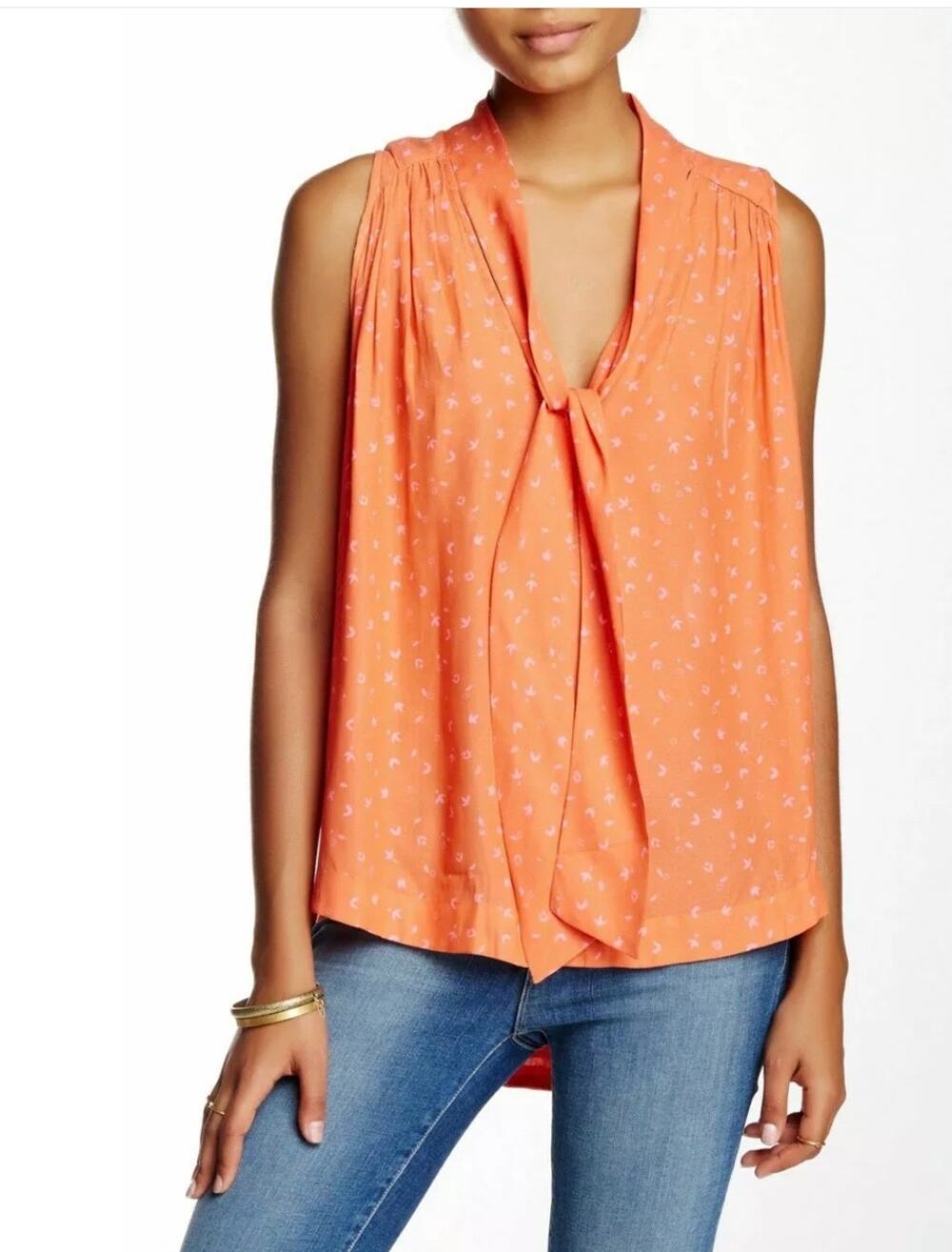 Free People Orange/Pink Sleeveless Tie Front Blouse Sz S